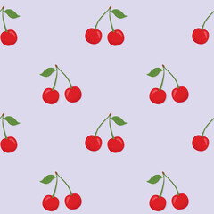 Seamless vector pattern with bright cherry on a grey background. Suitable for the design of textile fabric, wrapping paper, and wallpaper for websites. Vector illustration.