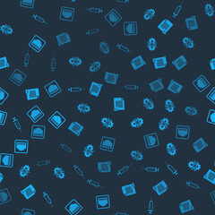 Set Syringe, Gene editing, Paper page with eye and Network port cable socket on seamless pattern. Vector