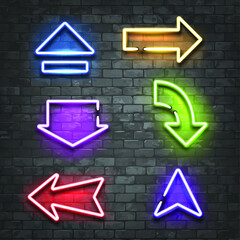 Set of neon arrows  on black brick wall background. Realistic vector illustration 