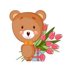 Obraz na płótnie Canvas Cute baby bear cartoon boy with gift and flowers. Vector illustration.
