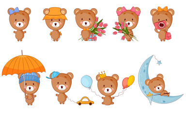 Cute cartoon baby bear set. Vector illustration.