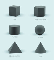 Basic 3D geometric shapes collection with names. Vector realistic illustration.
