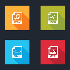 Set WAV file document, MP3, XML and GIF icon. Vector
