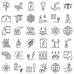 Types of energy - atom, gas, oil, electricity, water. Hydroelectric power plants, nuclear power plant, oil tower. Set of vector icons, isolated, Outline, perfect pixel 48x48.