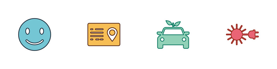 Set Smile face, Address book, Eco car concept drive and Sun with electric plug icon. Vector