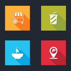 Set Fast street food cart, Glass with water, Nachos in plate and Location slice pizza icon. Vector