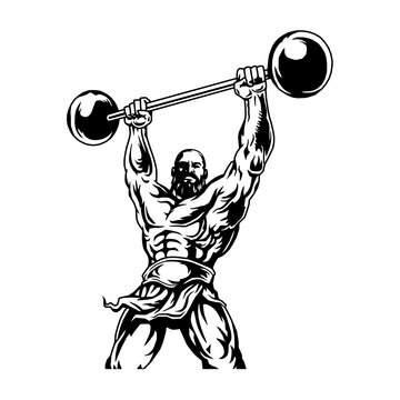 muscular bearded bodybuilder lifts a heavy barbell, vector, logo, cartoon, mascot, character, monochrome
