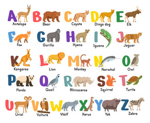 Alphabet with animals.Isolated capital letters with related animals, birds.  Symbols pack for kids ABC book, education poster. 