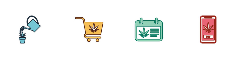 Set Watering can marijuana, Shopping cart with, Calendar and and Online buying icon. Vector