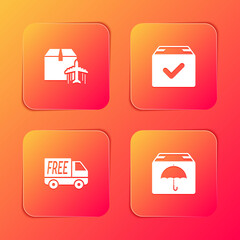 Set Plane and cardboard box, Package with check mark, Free delivery service and Delivery package umbrella icon. Vector