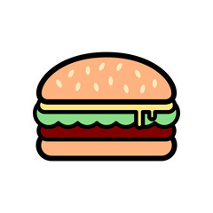 Burger with outline on white background. Delicious burger drawing. Color icon. Bun with patty, ketchup and lettuce. Fast food concept. Vegan burger with black bean. Vector illustration, flat, clip art