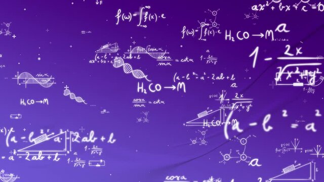 Animation presents handwritten mathematical formulas on two colors background flying through the camera.