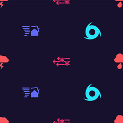 Set Tornado, swirl, Wind and snow and Cloud with rain lightning on seamless pattern. Vector