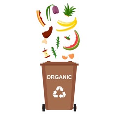 Garbage bin with organic waste, recycling garbage, vector illustration