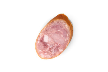 Sliced smoked sausage isolated on white background. Top view.
