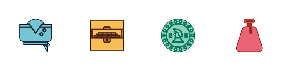 Set Pirate hat, Antique treasure chest, coin and sack icon. Vector