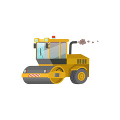 Yellow road roller isolated on white background. Construction machinery flat vector illustration.