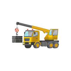 Naklejka premium Yellow truck with crane isolated on white background. Construction machinery flat vector illustration.