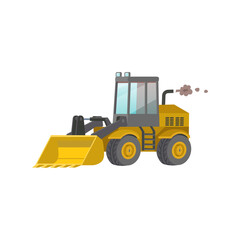 Obraz na płótnie Canvas Yellow front loader isolated on white background. Construction machinery flat vector illustration.