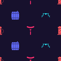 Set Picnic table with benches, Wooden barrel, Sausage on the fork and beer mug on seamless pattern. Vector