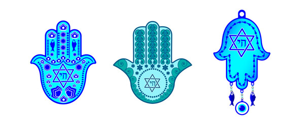 Set traditional Jewish Hamsa amulets, the hand of Miriam, the hand of David-with a six-pointed star and the inscription in Hebrew of the word Life. Vector illustration isolated on a white background