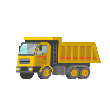 Yellow dump truck on white background. Construction machinery flat vector illustration.