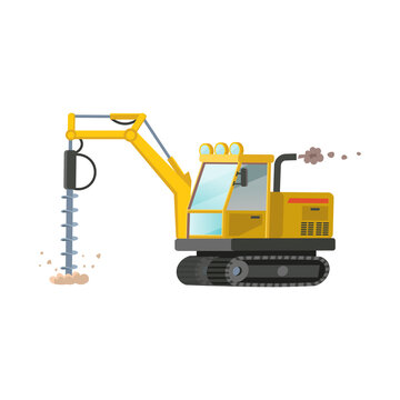 Yellow drilling tractor isolated on white background. Construction machinery flat vector illustration.