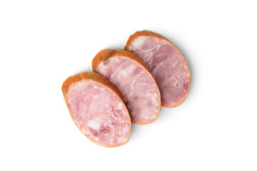 Sliced smoked sausage isolated on white background. Top view.