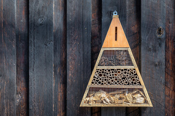 Insektenhaus an einer braunen Holzwand aus Bretter an einer Gartenlaube