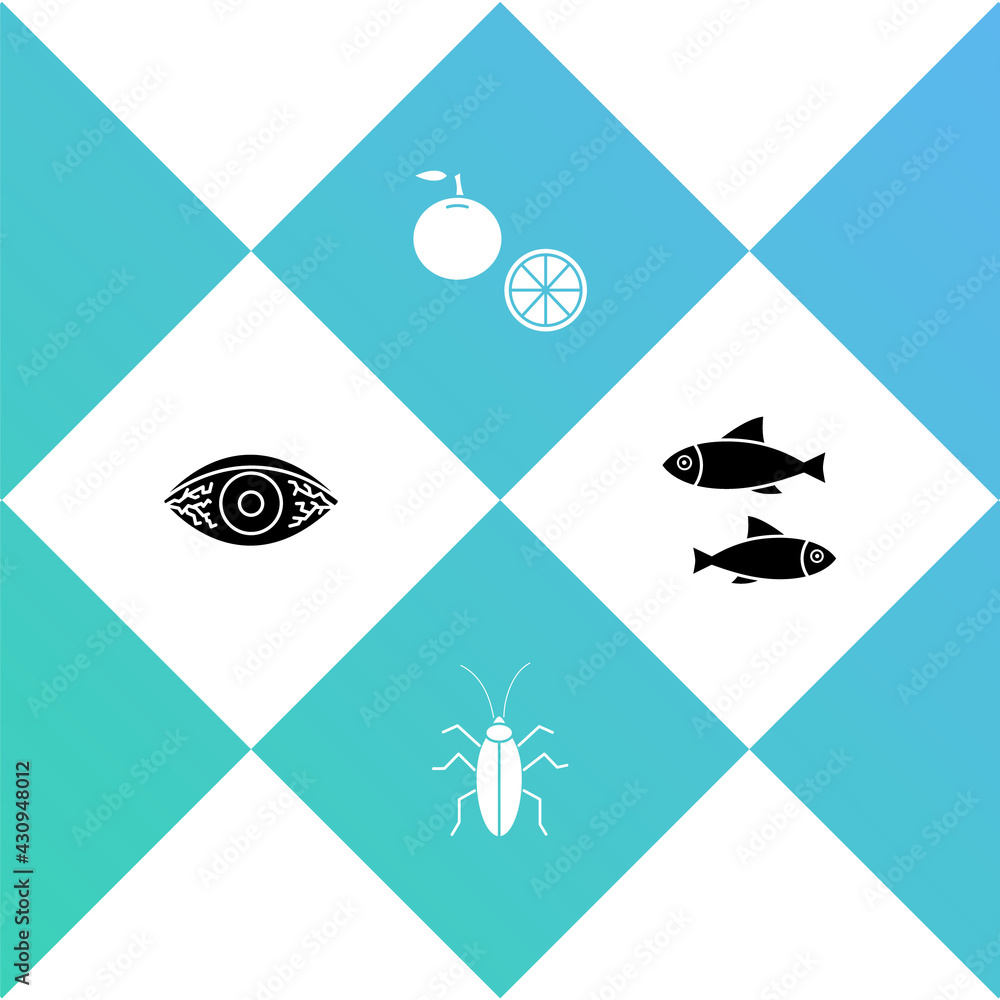 Poster set reddish eye allergic conjunctivitis, cockroach, orange fruit and fish icon. vector