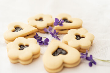selection of sweet baked cream edible flowers and fruit dessert cakes for mothersday, wedding, birthday, paerty celebration. viola odorata cake. 