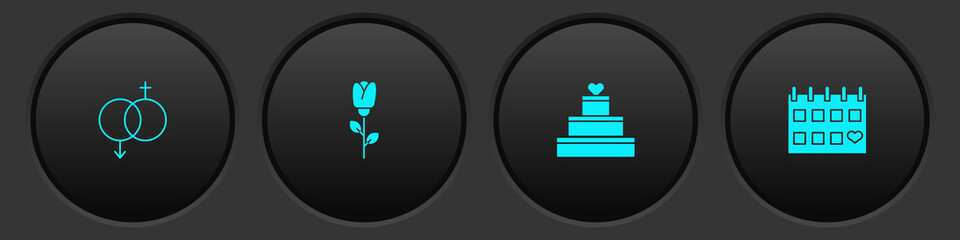 Set Gender, Flower rose, Wedding cake with heart and Calendar icon. Vector