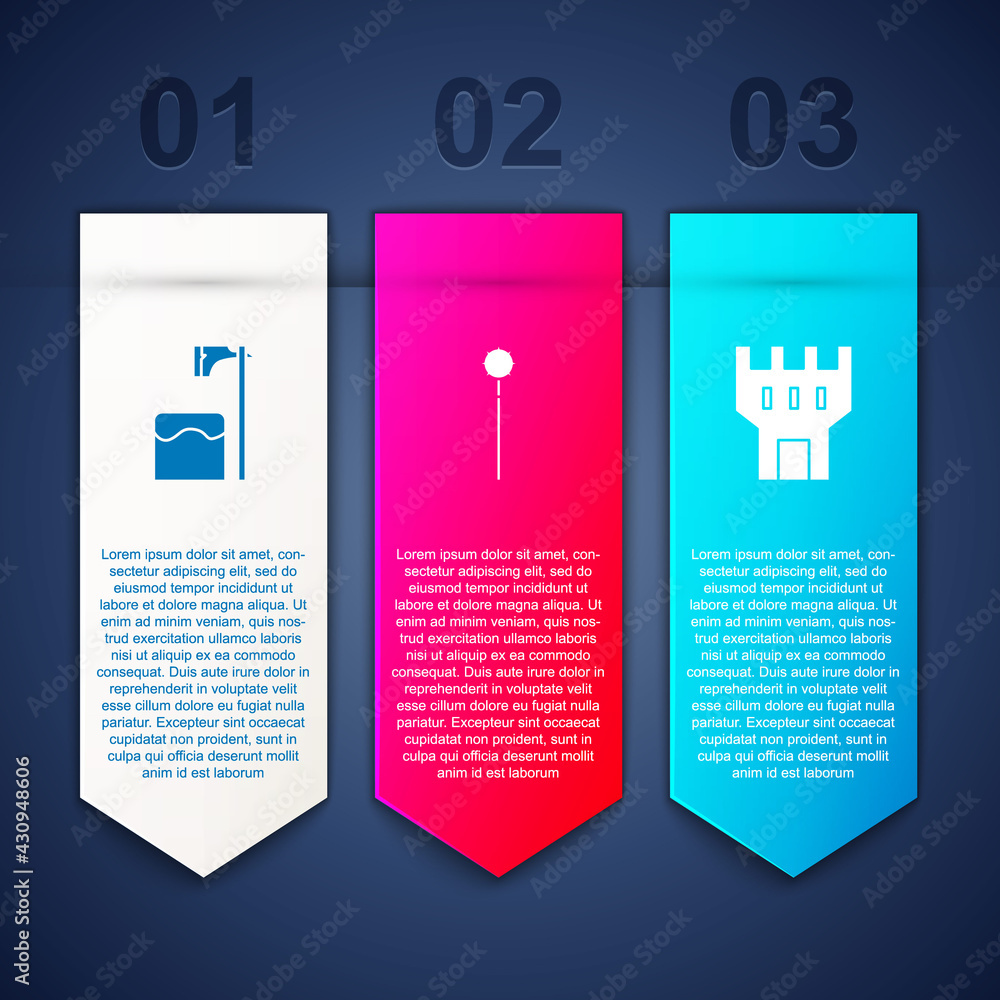 Poster set executioner axe in tree block, medieval chained mace ball and castle tower. business infographic