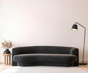Modern living room mockup, black minimal sofa on empty wall background, 3d render