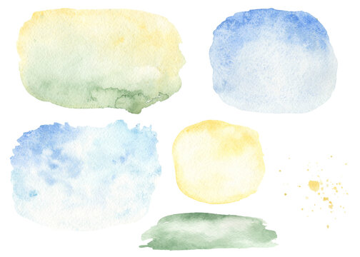 Watercolor set with watercolor backgrounds of sky, meadow, green grass, watercolor splashes