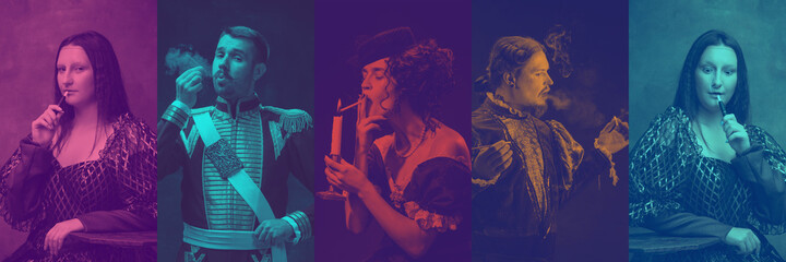 Portraits of group of medieval people on retro-styled background in duotone style, collage.