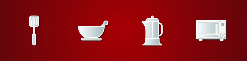 Fototapeta premium Set Spatula, Mortar and pestle, French press and Microwave oven icon. Vector