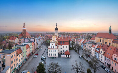 Wolow, Poland. Aerial view of Town Hall and Market square