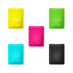 Blank sachet packet with tear notches - realistic vector mock-up. Individual packaging pouch bag - color mockup set. Easy to recolor