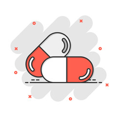 Fototapeta na wymiar Pill capsule icon in comic style. Drugs cartoon vector illustration on white isolated background. Pharmacy splash effect business concept.