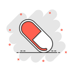 Pill capsule icon in comic style. Drugs cartoon vector illustration on white isolated background. Pharmacy splash effect business concept.