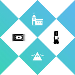 Set Traditional carpet, Masons, Church building and Priest icon. Vector