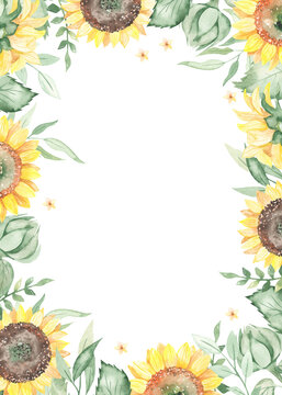 Watercolor rectangular frame with sunflowers, buds, leaves, branches, flowers, foliage