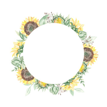 Watercolor round frame with sunflowers, buds, leaves, branches, flowers