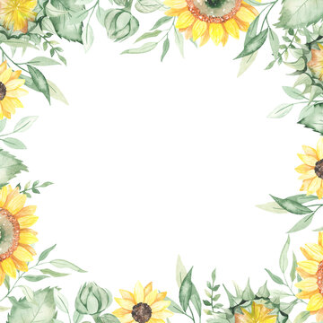 Watercolor square frame with sunflowers, leaves, foliage, greenery, buds