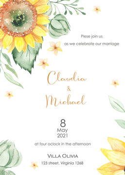 Watercolor wedding invitation with sunflowers, bud, leaves, petals, flowers