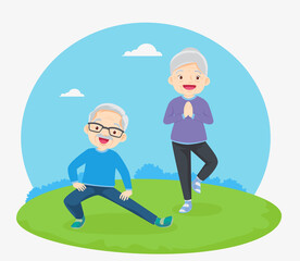 Elderly couple exercises yoga