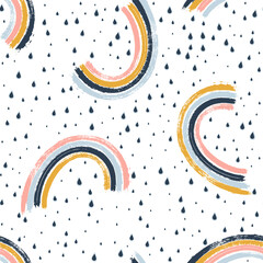 Blue terrazzo pain and simple painted rainbows seamless pattern.