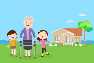 elderly woman with walker holding hands boy and girl