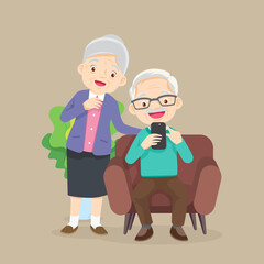 grandfather and grandmother with smartphone